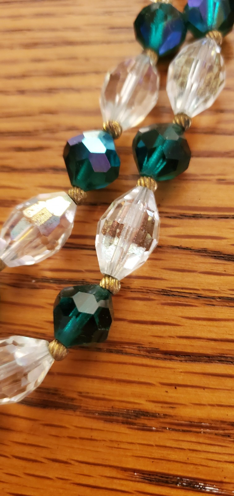 Vintage Emerald Green &Clear Aurora Borealis Double Strand Crystal Necklace set