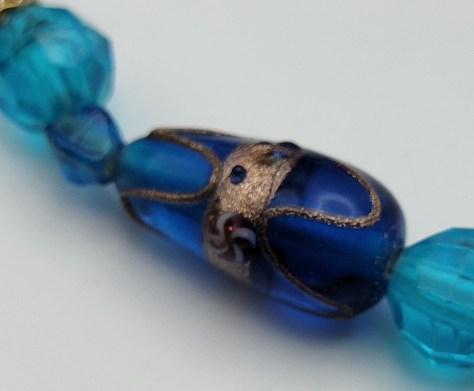 Vintage Gold Foil Blue Glass Beaded Necklace 22.5″