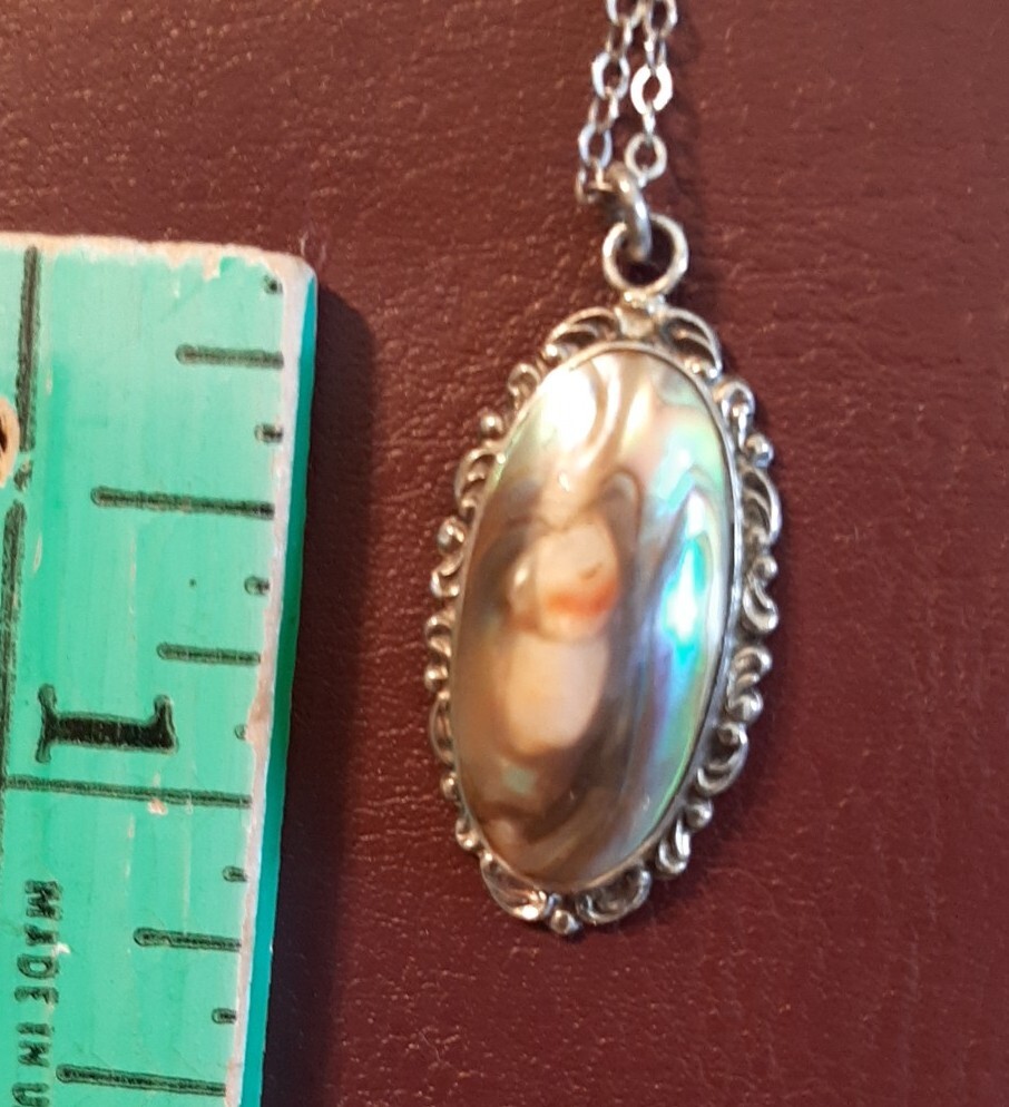 Vintg Pendant Necklace Blister Pearl Spiny Oyster Abalone Art Nouveau “STERLING”