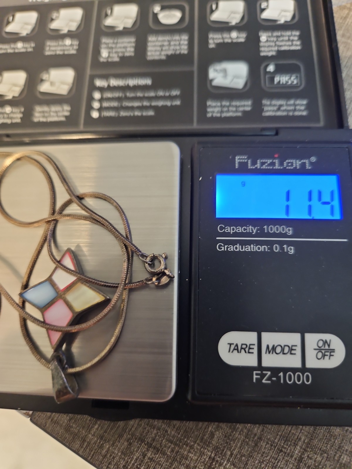 Vintage Sterling Silver Multi-Color Mother of Pearl Pendant Pastel Mosaic 19″