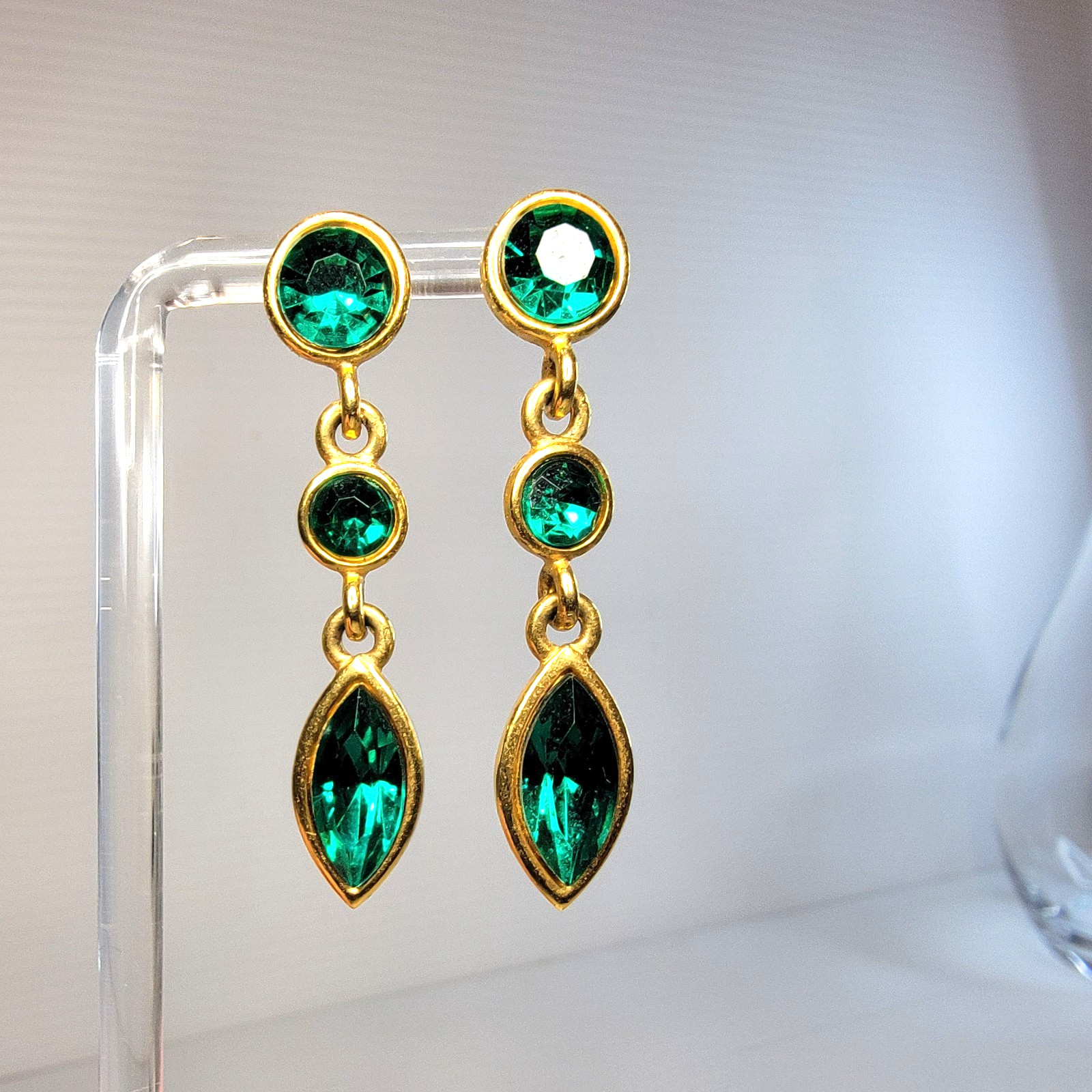 Vintage Napier Dark Green Faux Emerald Earrings 2″L Gold-tone, signed