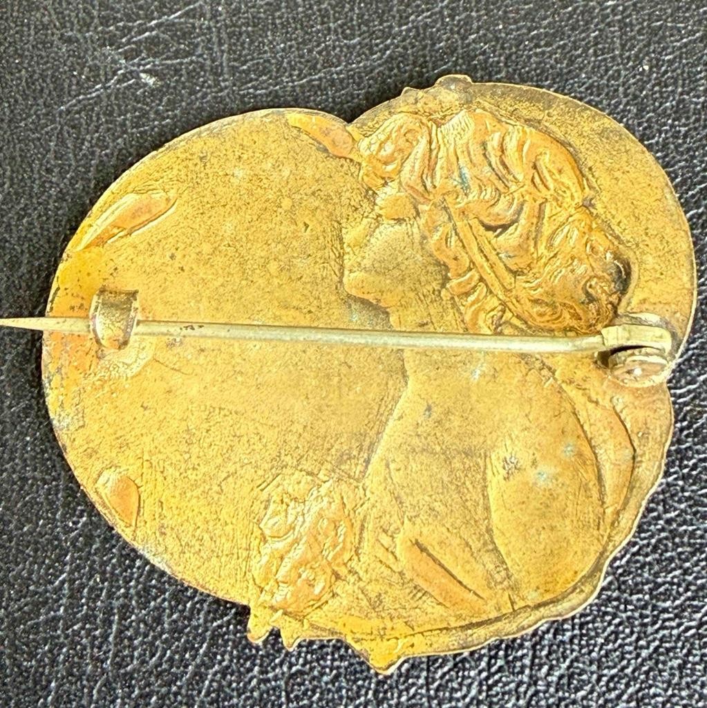Vintage Art Nouveau Revival Portrait Brooch Lady /Bezel Set Rhinestone Gold Wash