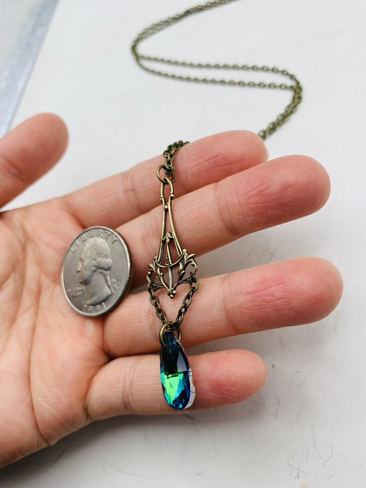Vintage Style Art Nouveau Bronze Tone Mermaid Blue Teardrop Drop-down Necklace