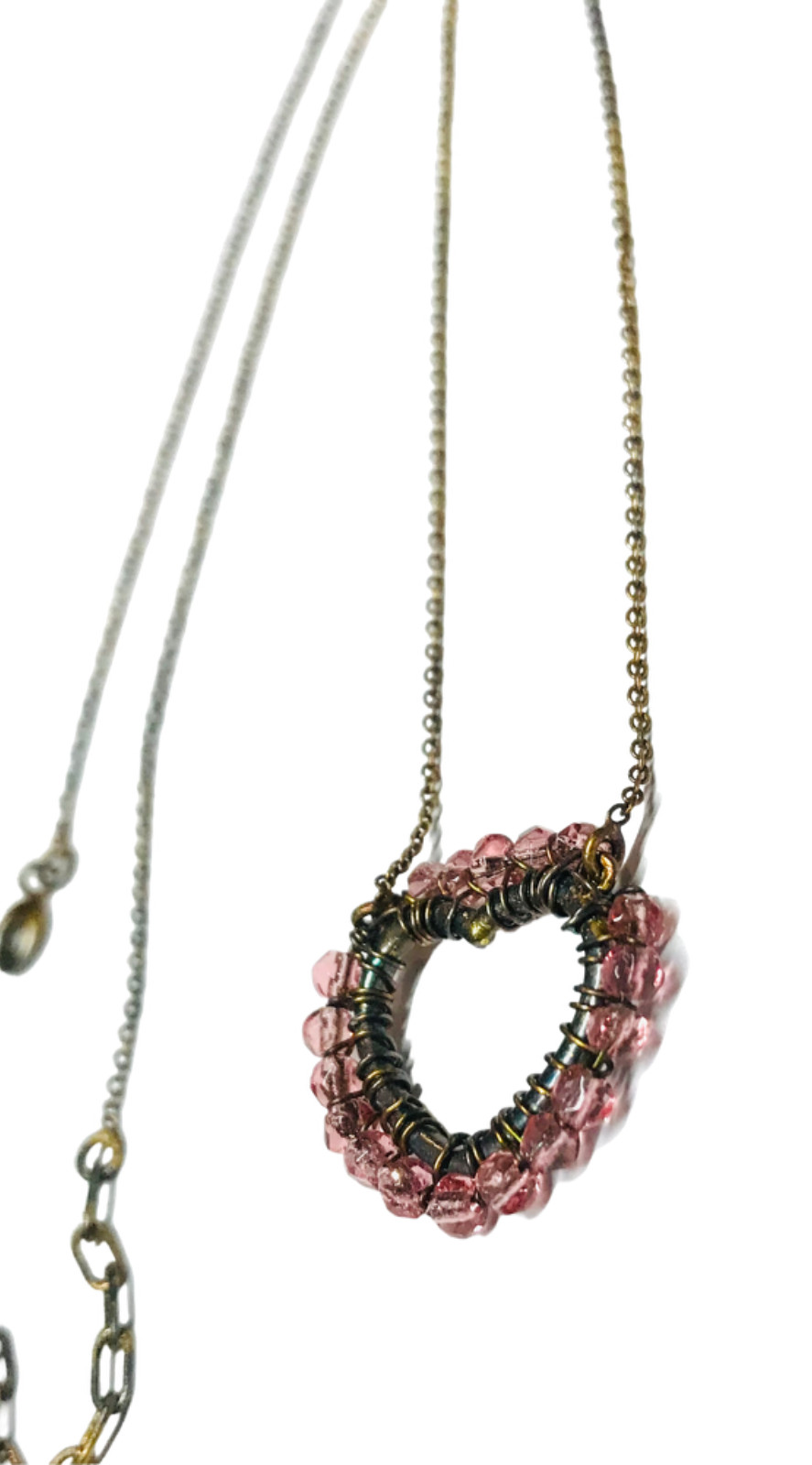 Vintage Antique Gold Tone Wire Wrapped Pink Beads Heart Pendant Necklace 19.5”
