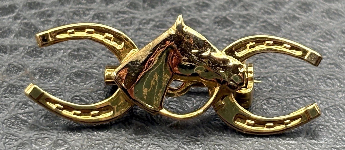 Vintage Equestrian Gold Tone Double Horseshoe Luck Horse Head Pin Brooch