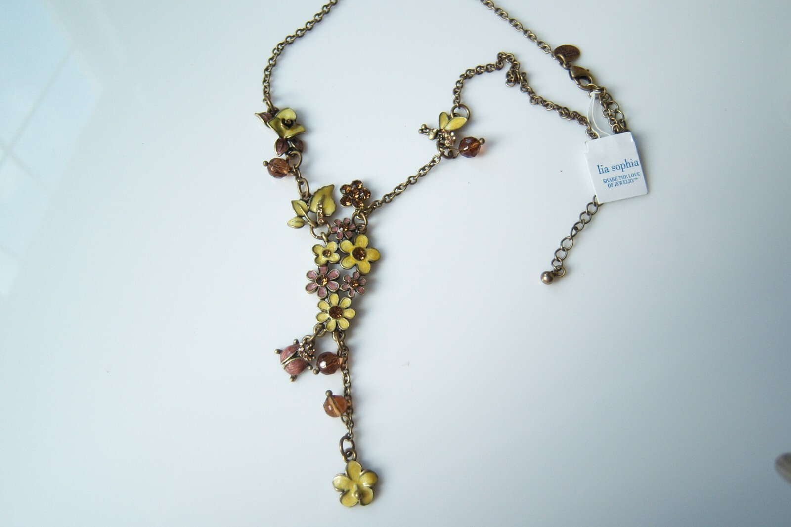 Lia Sophia Honey Suckle Antique Goldtone Necklace Cut Crystals bee Beetle Flower
