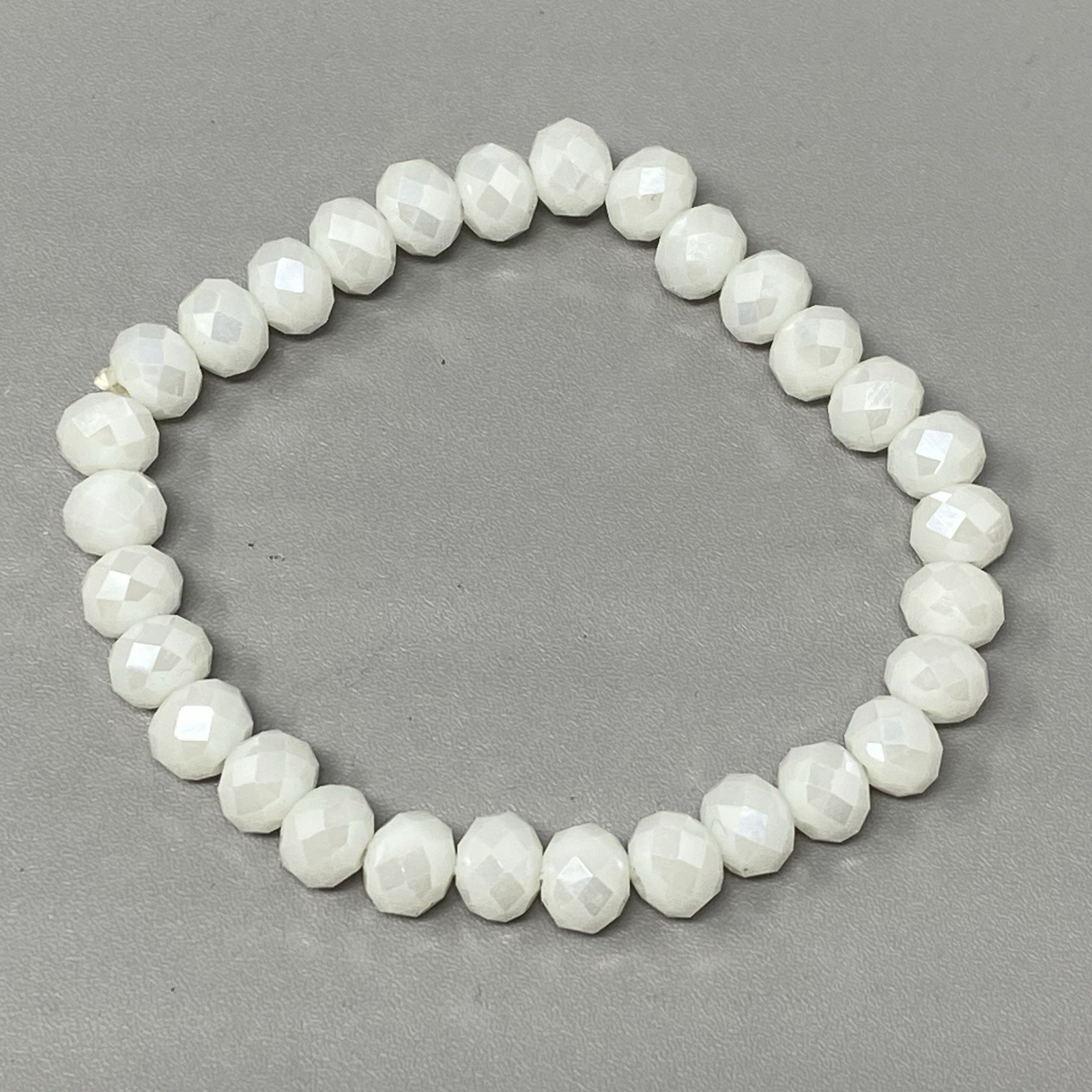 White Glass Beaded Bracelet Faceted Fire Polished Simple Stretch Elastic 6.5″