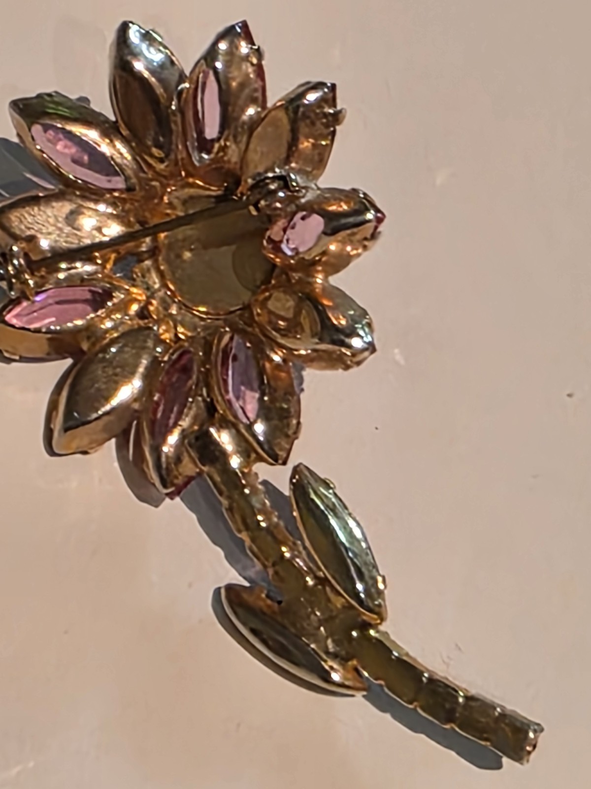 Vintage Pink Black Rhinestone Flower Cluster Prong Set Brooch Pin