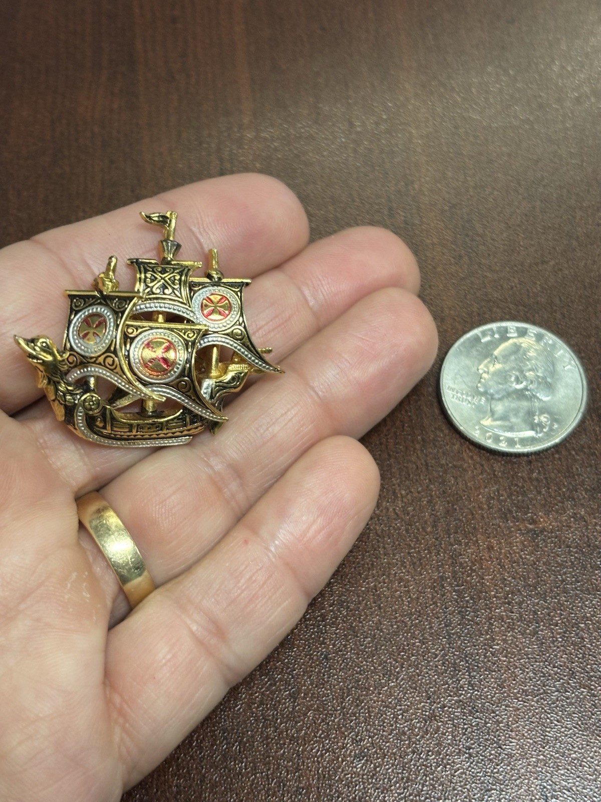 Vintage Damascene Ship Brooch Spanish Galleon Sailing Sail Boat Pin Spain