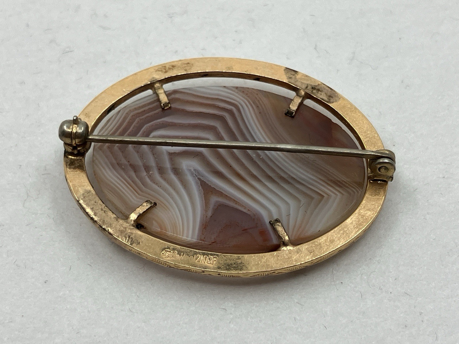 Vintage Gold Filled Brooch Banded Agate Stone Pin