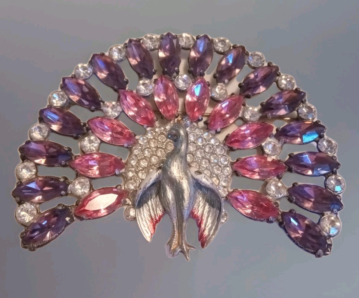 RARE!! Vintage Art Deco Peacock Pin Purple And Pink Navettes!!!
