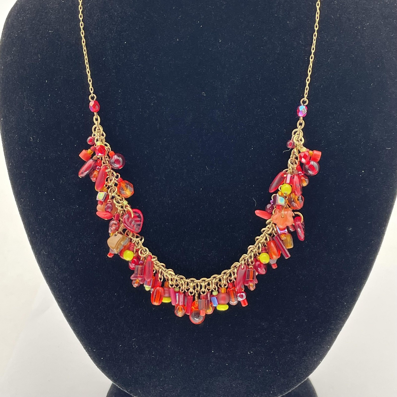 Red Multicolor Beaded Statement Bib Necklace Brass Chain Boho Jewelry