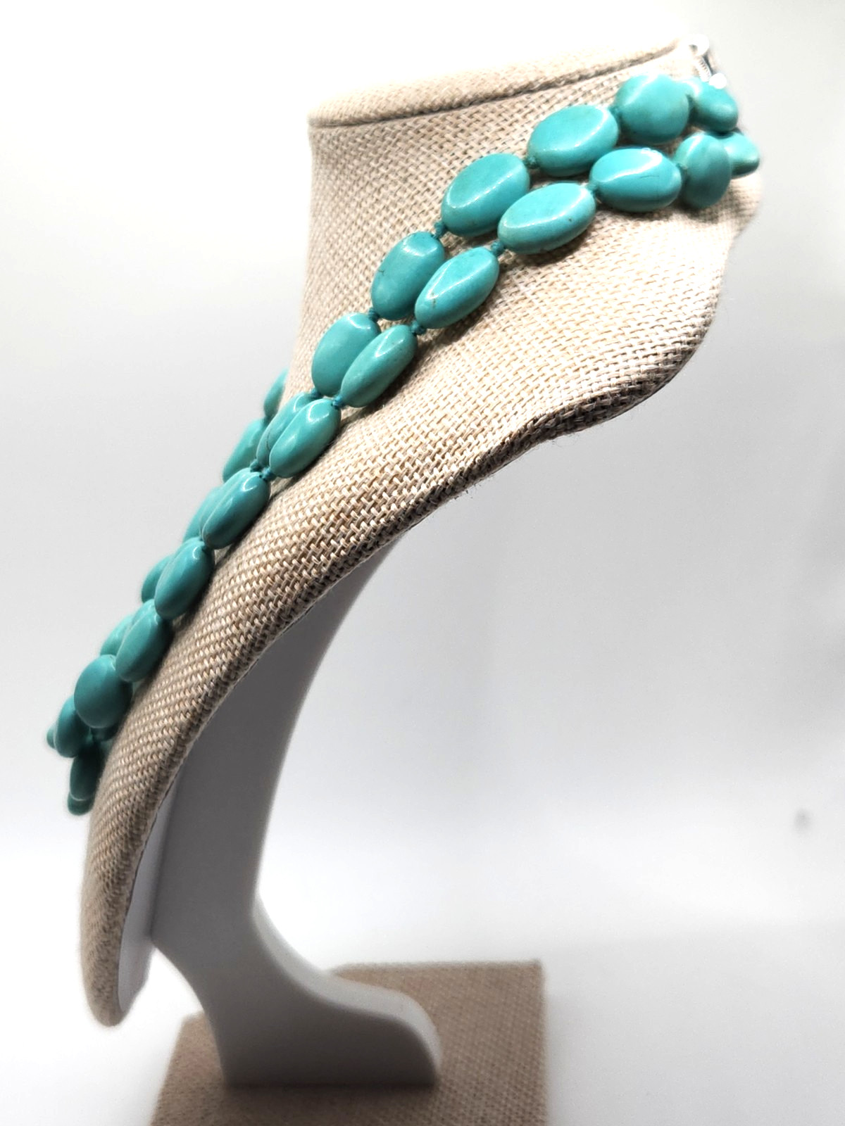 Double Strand Turquoise Necklace Sterling 925 Silver Clasp Oval Beads Light Blue