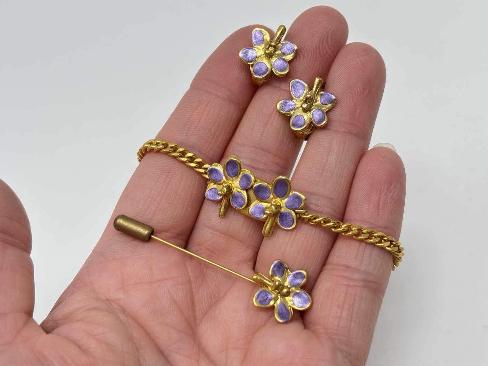 Purple Enamel Orchid Jewelry Necklace Set Pendant Bracelet Earring Pin Vintage