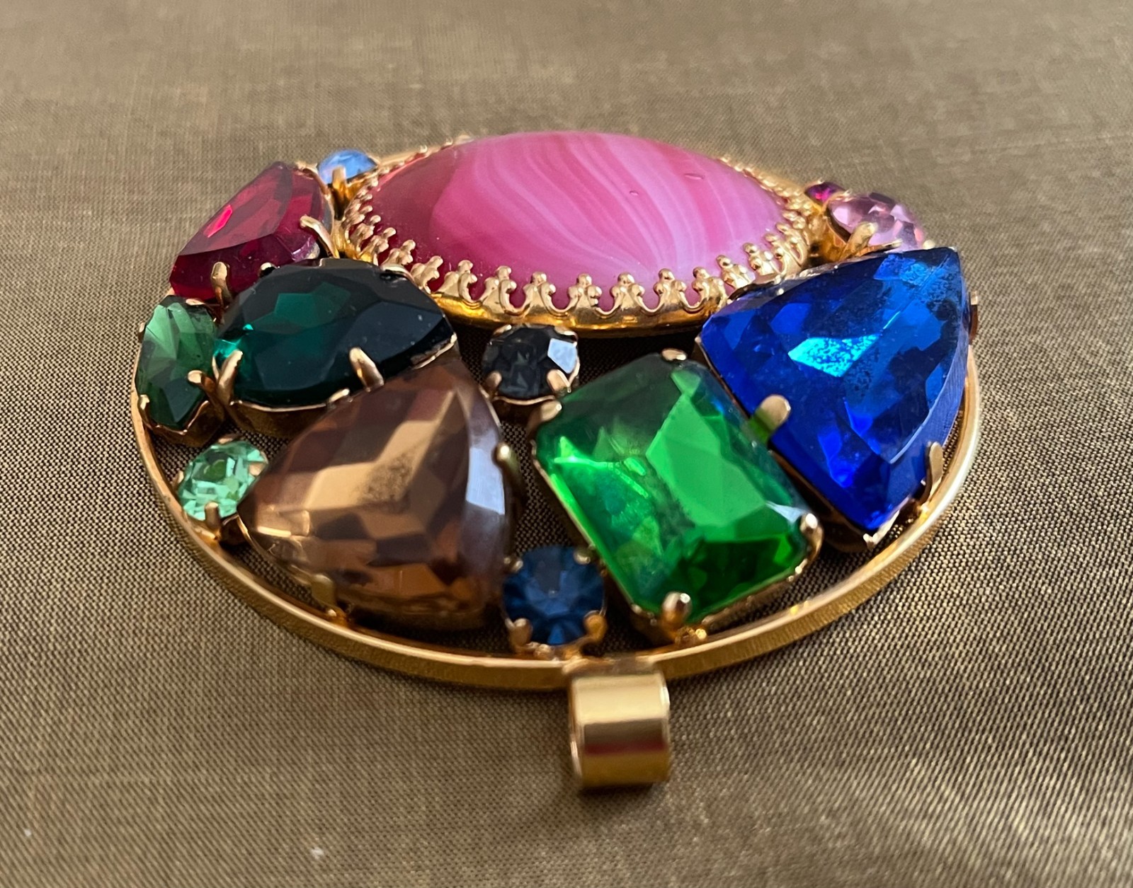 Vintage Pendant West Germany Filigree With Pink Givre Glass Cabochon Stunning!