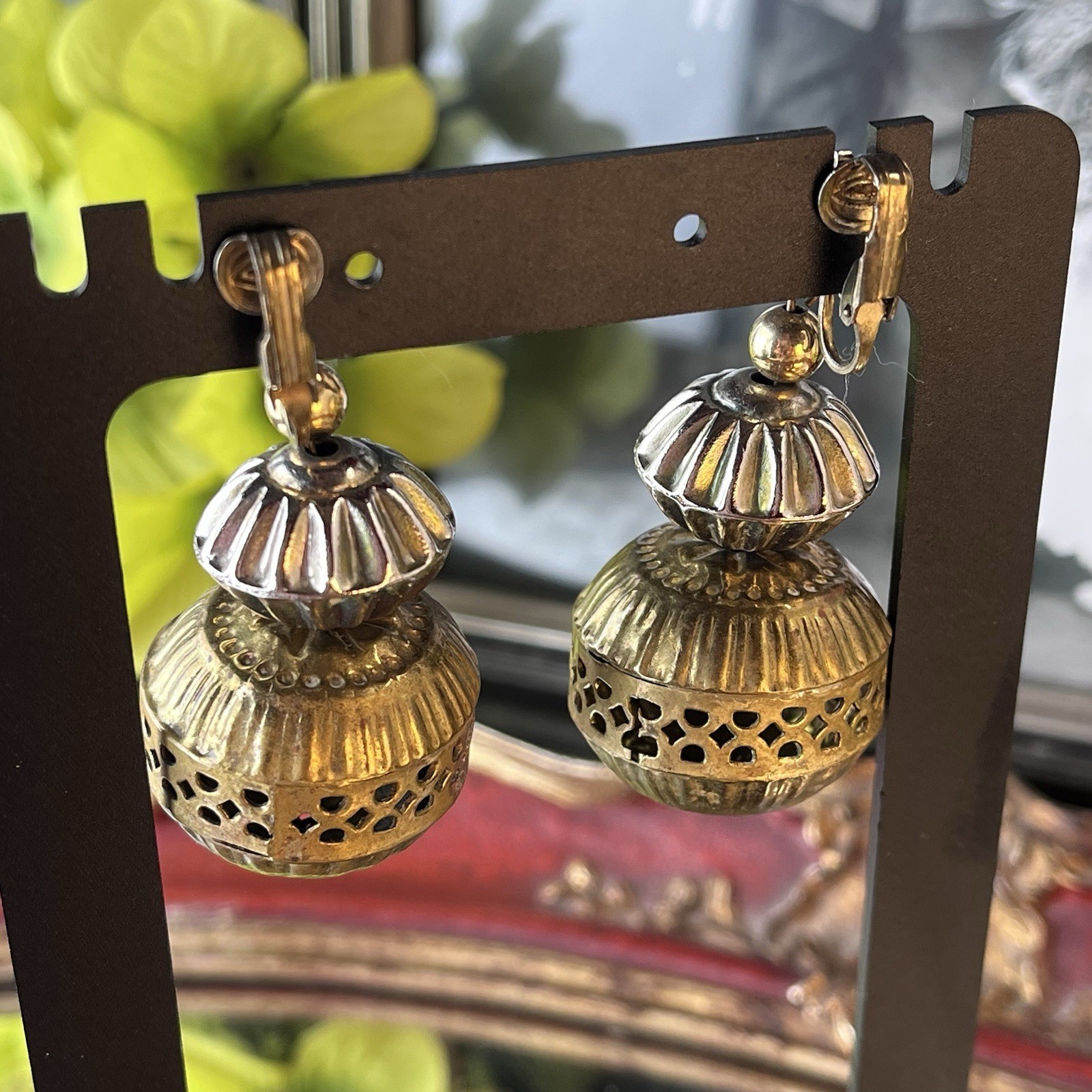 Vintage Ethnic Revival Brass Silver Tone Dangle Clip On Earrings – 2” – c1970s