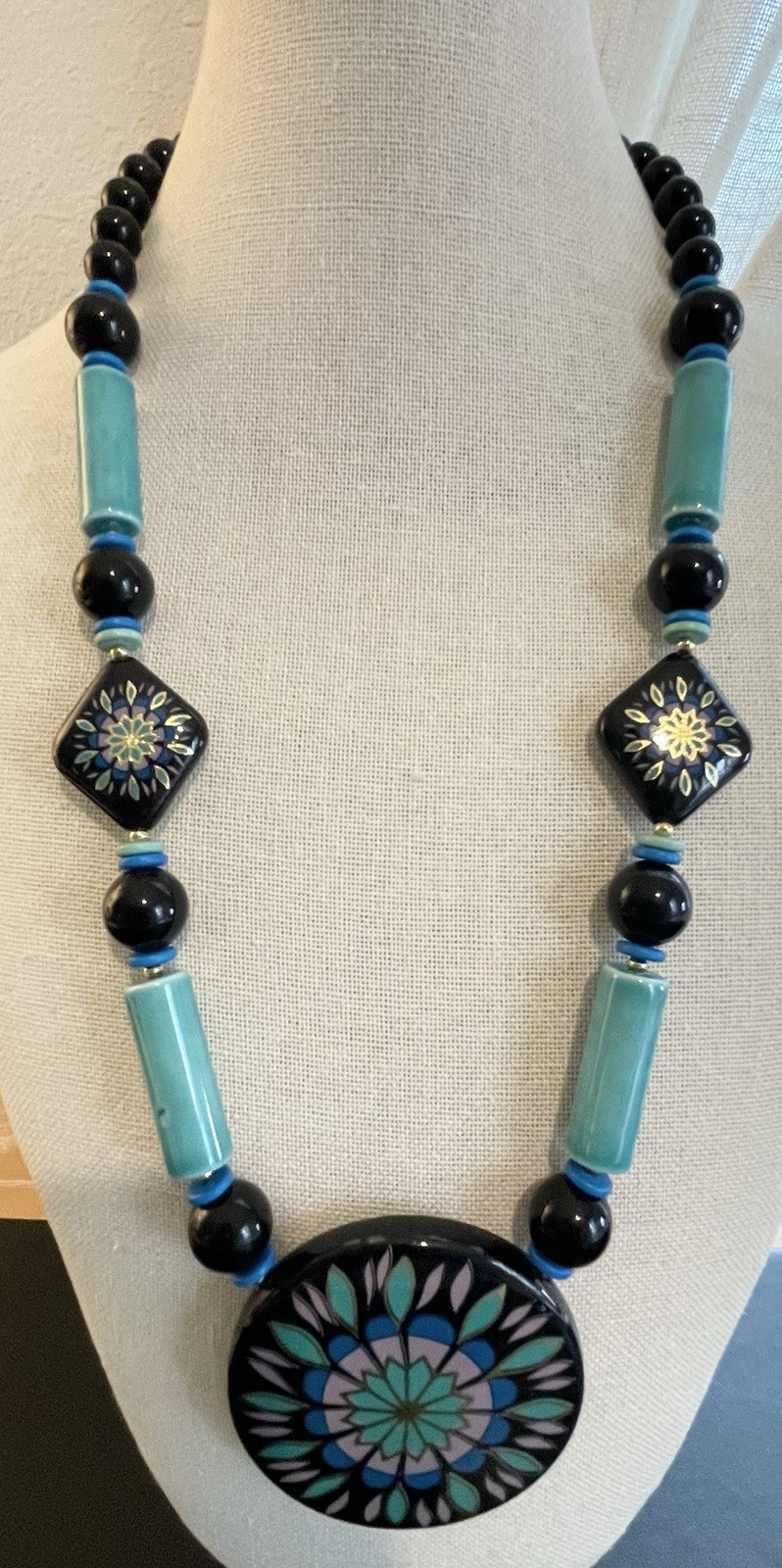 Boho Vintage Flower Japan Necklace Ceramic Wood Acrylic Gold Tone Clasp