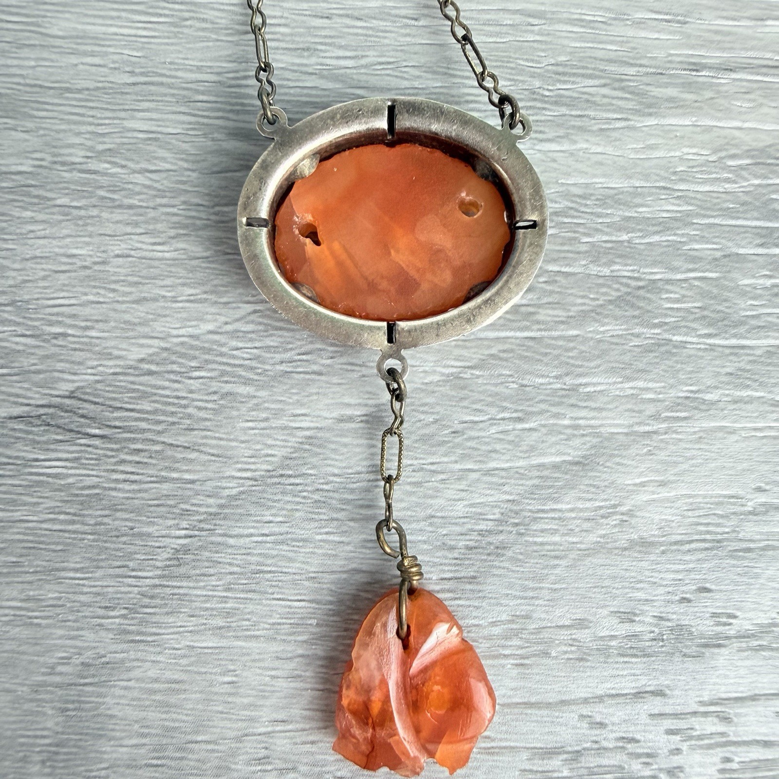 Antique Vintage Carved Carnelian Silver Pendant Necklace Art Deco