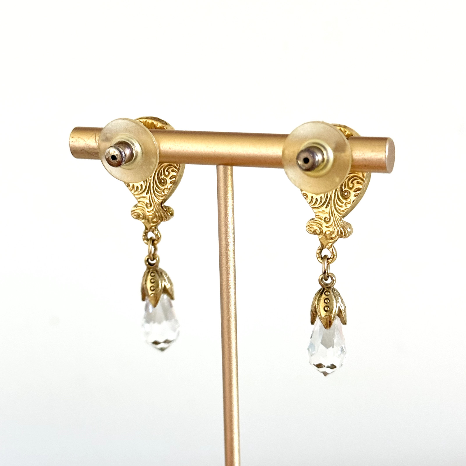 Vintage Clear Faceted Crystal Black Acrylic Stone Gold Tone Dangle Earrings