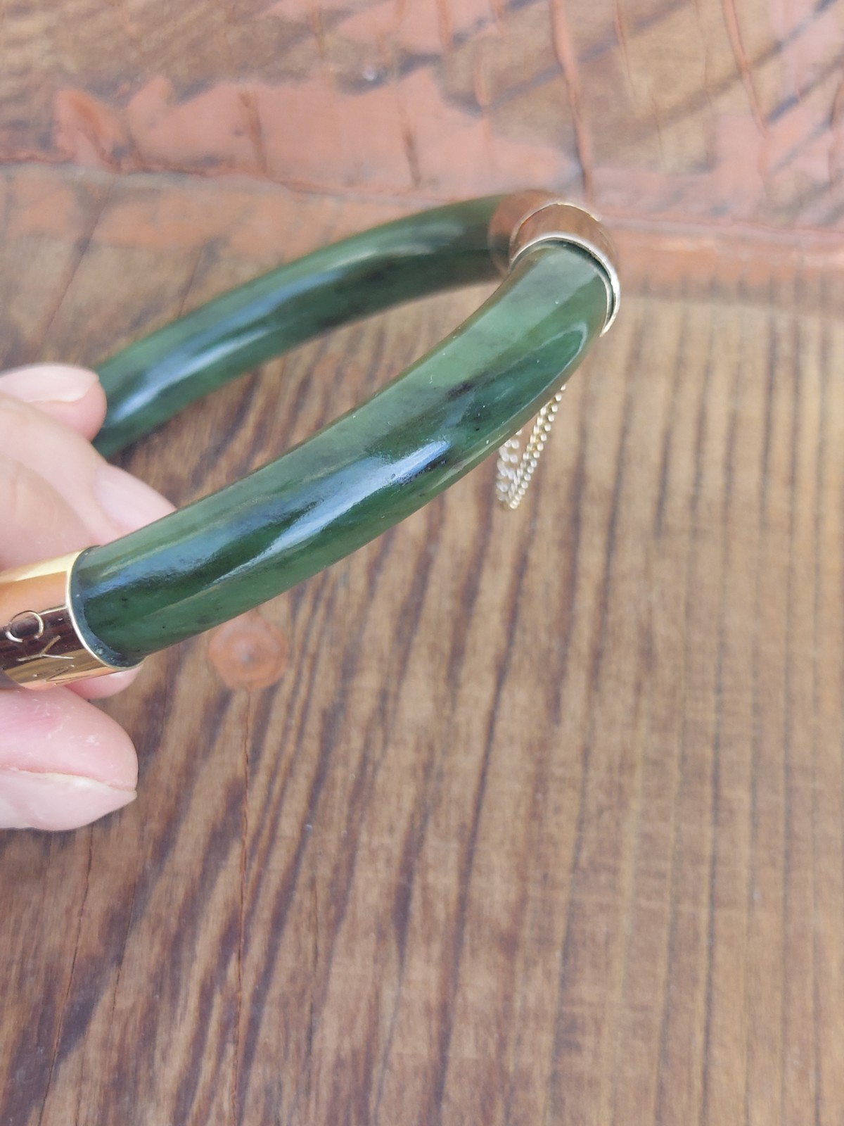 Lovely Hinge Jade Bangle Bracelet Dark Green Jadeite Pale Gold Tone Vintage