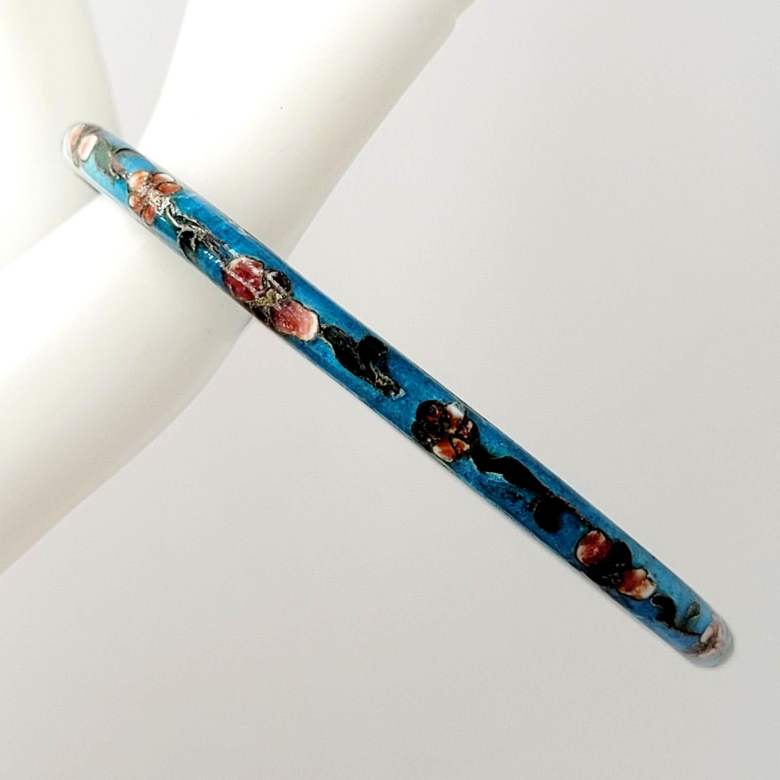 Cloisonné Light Blue Enamel Floral Hand Painted Asian Inspired Bangle Bracelet