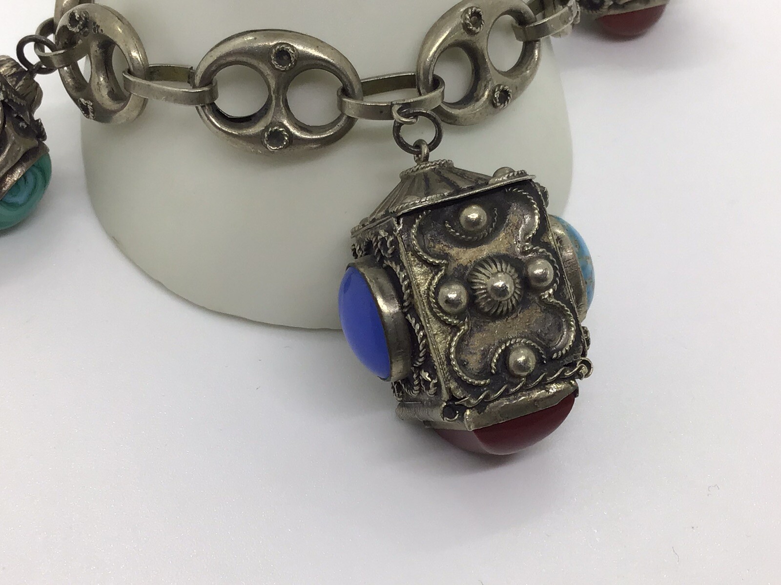 MCM VTG Etruscan Mediterranean Silver 800? Charm Bracelet 54g 8.5″ Turquoise