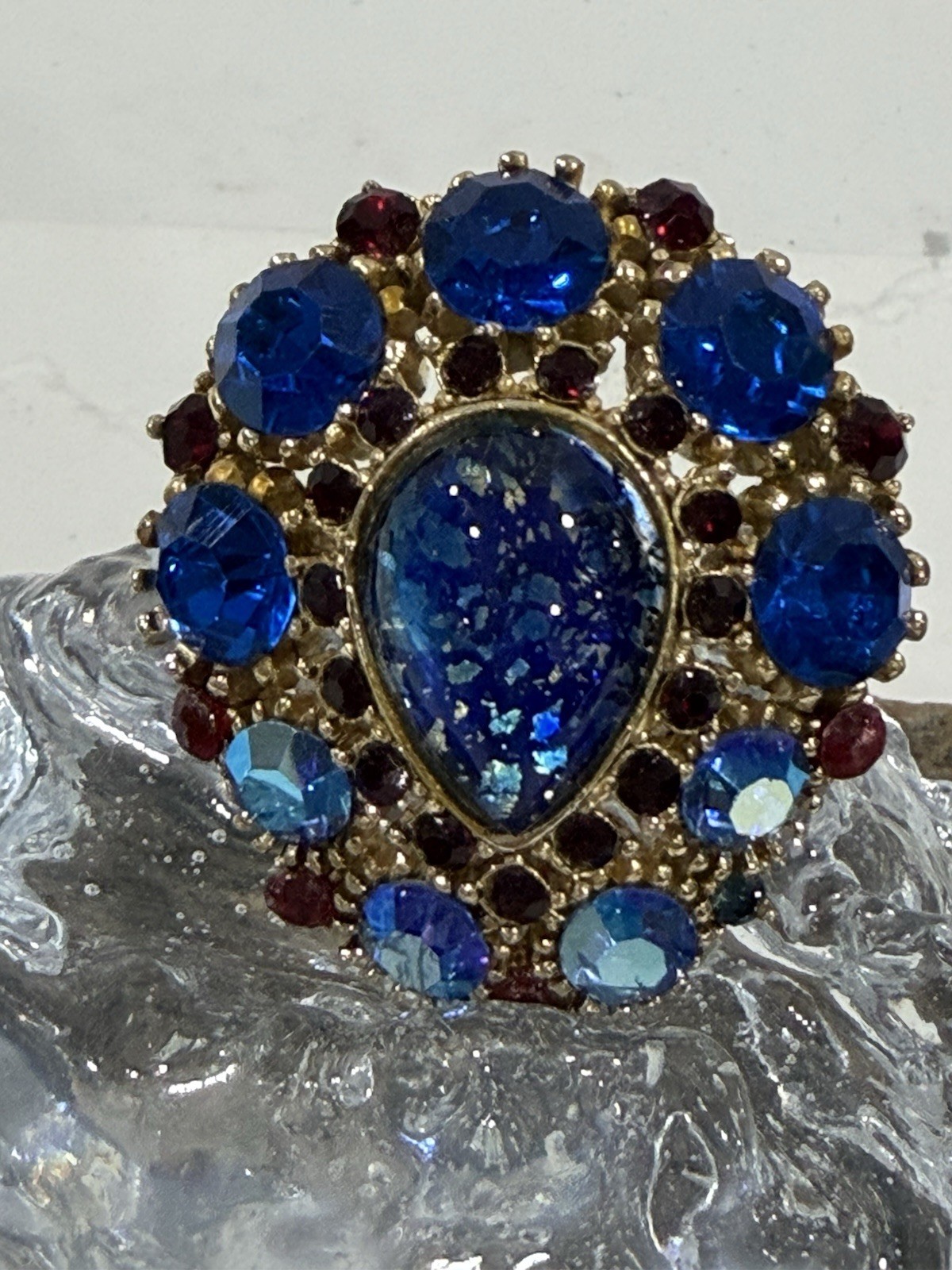 Vintage Brooch Center Teardrop Colbalt Blue AB Rhinestone Ruby Red Accent Stones