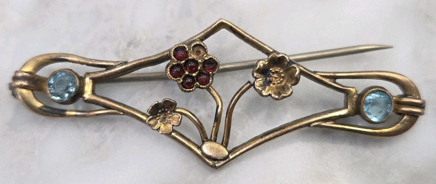 Antique Art Nouveau Floral Brooch Garnet Cluster Blue Glass Stones Gold Tone