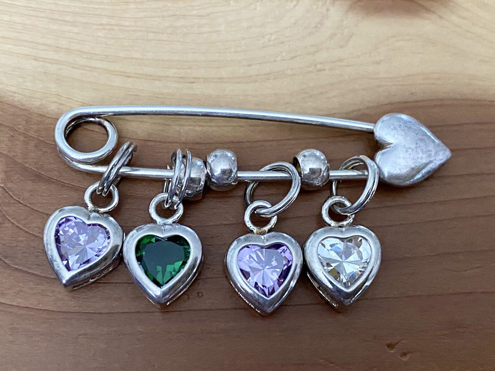 Vintage 925 Sterling Silver Purple, Green & White CZ Heart Shaped Pin / Brooch