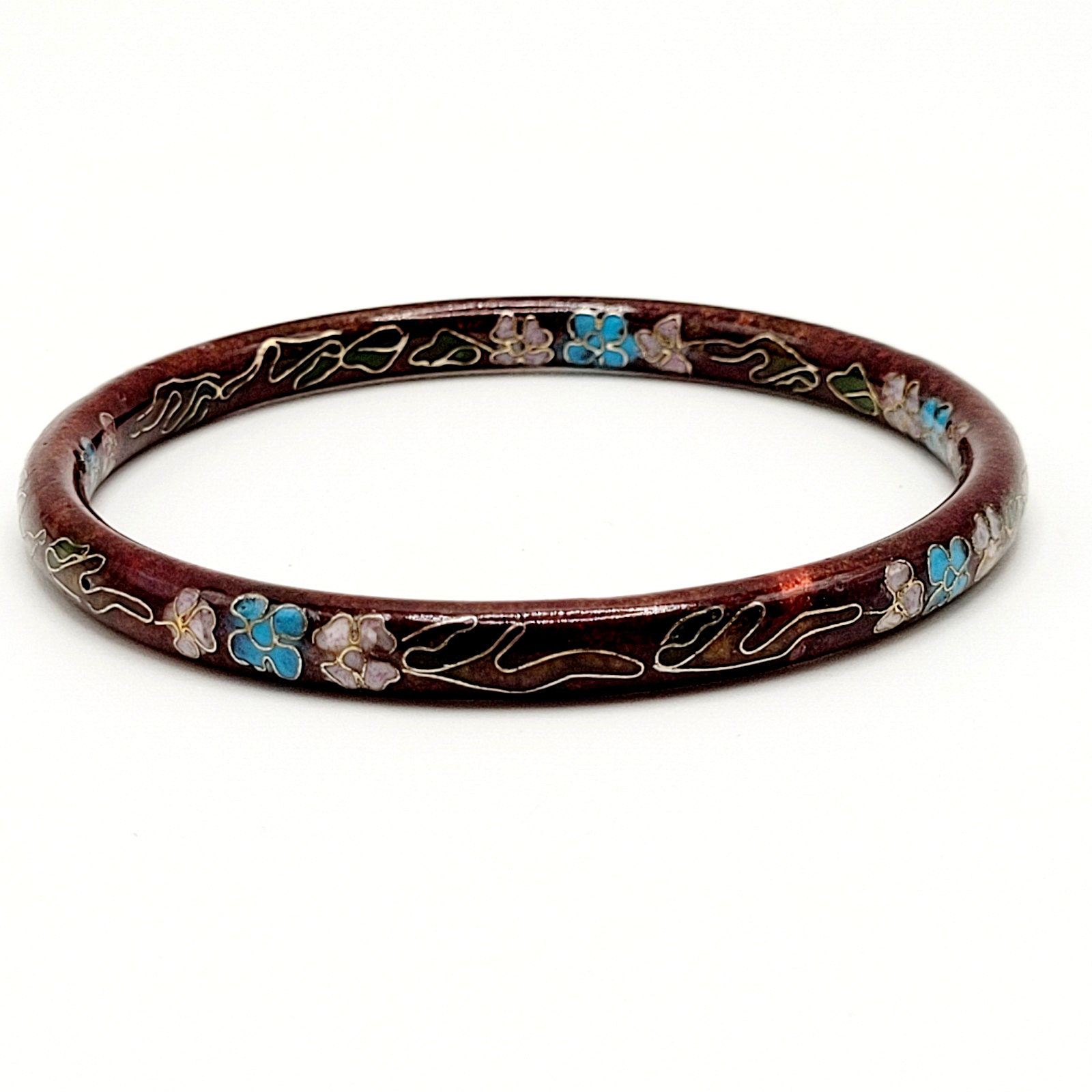 Cloisonné Deep Red Enamel Floral Hand Painted Asian Inspired Bangle Bracelet