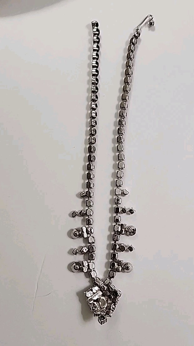 Vintage 1950s Bib Necklace & Screw Back Earrings Black & Clear Rhinestones