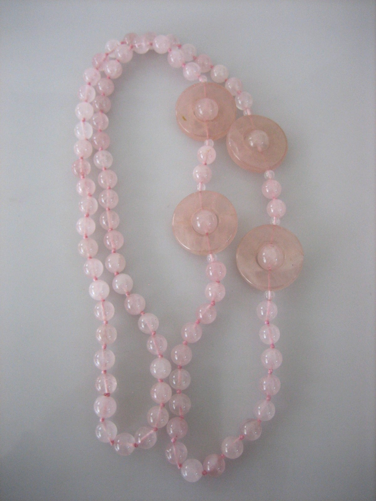 Vintage Pink Quartz Bead Disc Polished Hand Knot Necklace