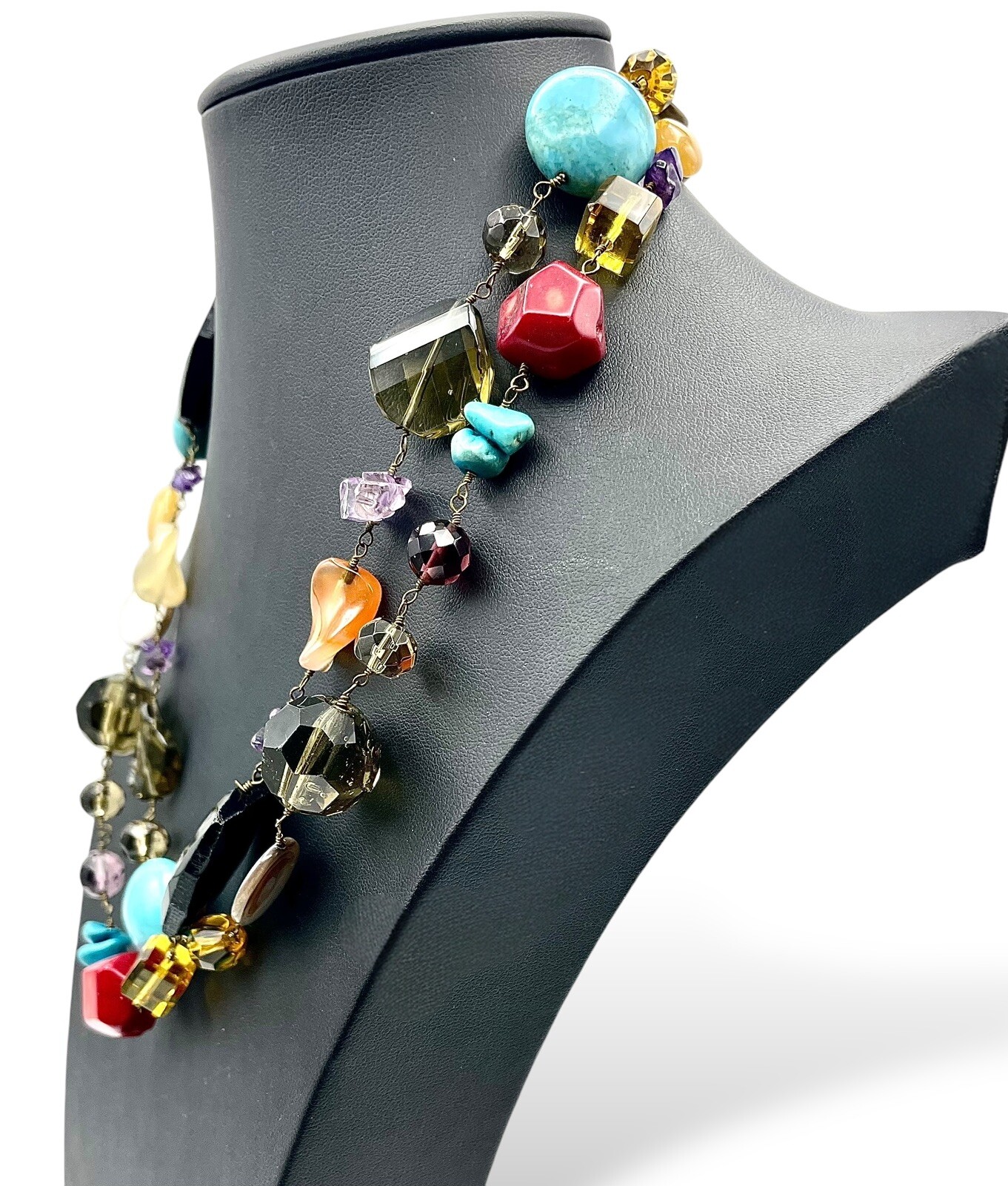 Vintage BOHO STATEMENT Necklace Multi Gemstones MOP Turquoise Etc 41” Fabulous!
