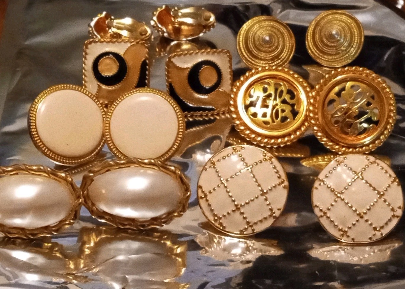 Vintage Big Chunky Gold Tone Statement Earrings Lot Clip On Enamel Rhinestone EC