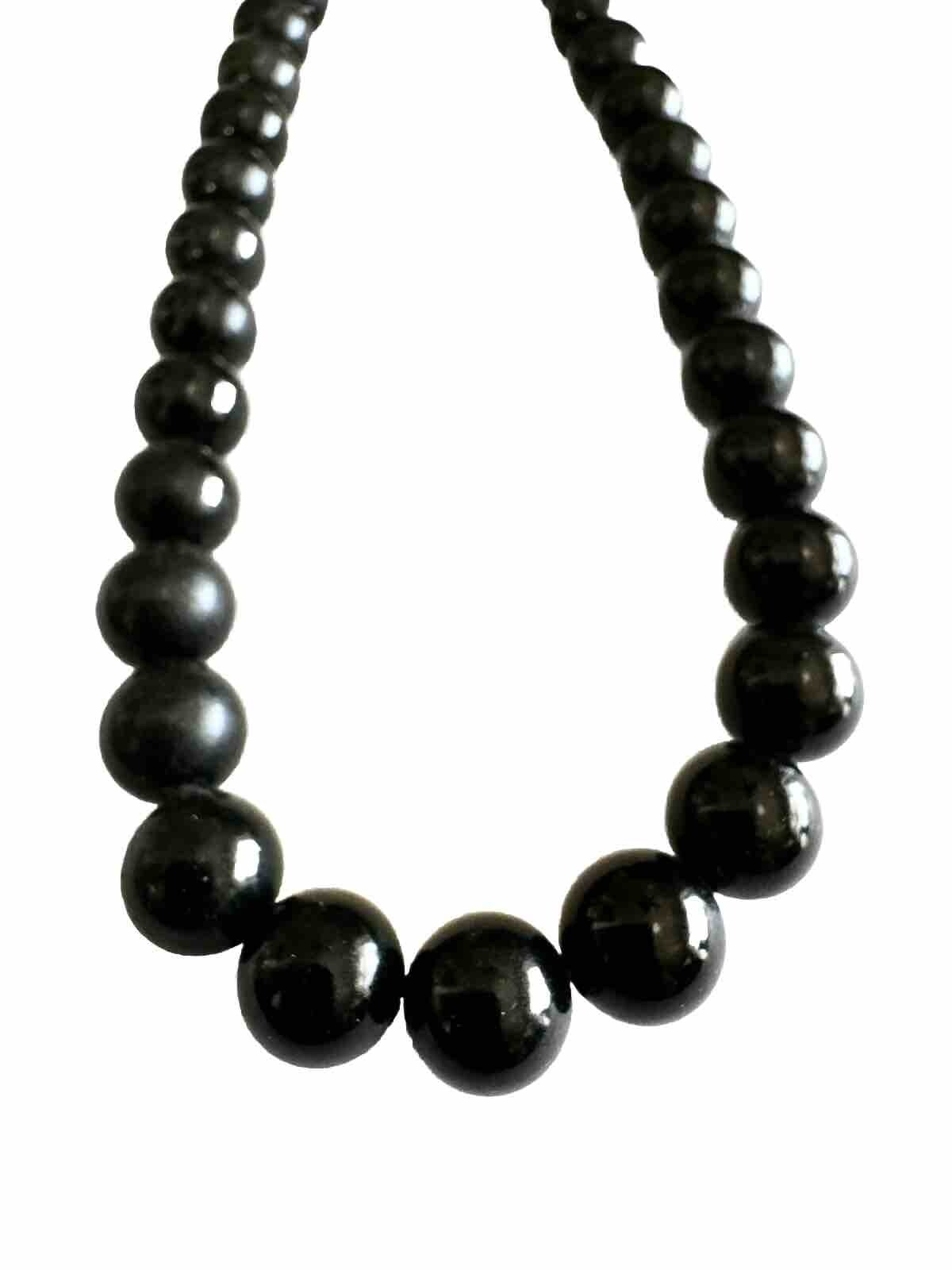 Black Onyx Beaded Necklace With Silver Fish Hook Clasp 16” 58g Weight
