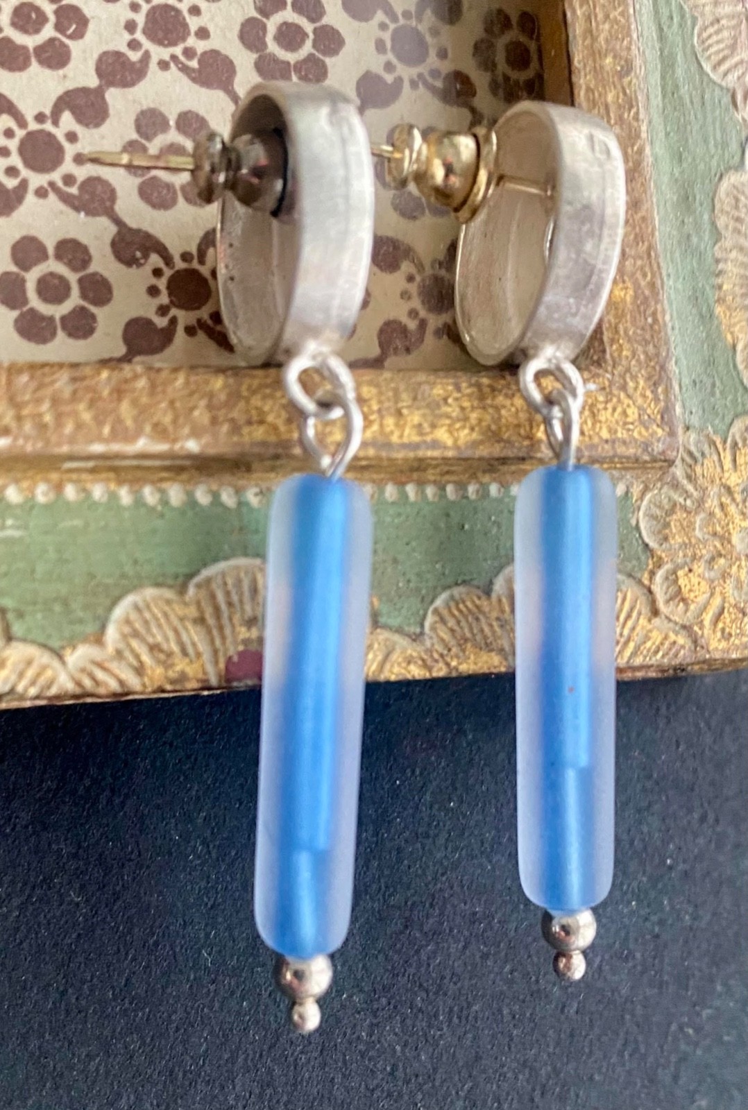 VTG 80s Handmade Sterling Silver Circle Earrings Frosted Blue Glass RISD Artisan