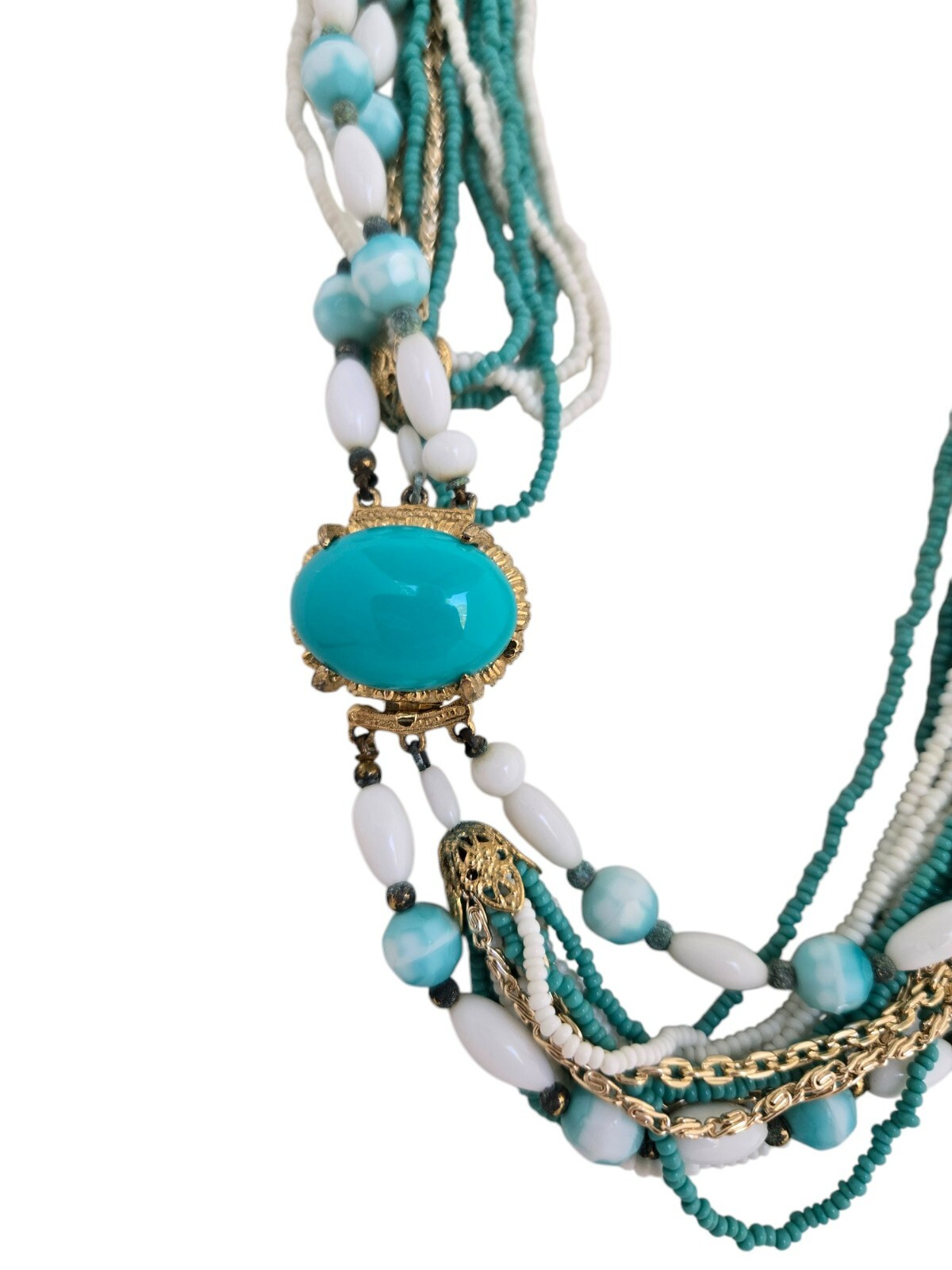 Vintage Turquoise and White Bead Necklace and Clip Earrings Set