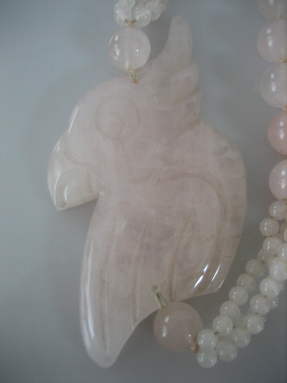 Vintage Rose Pink Quartz Parrot Hand Knotted Bead Pendant Necklace