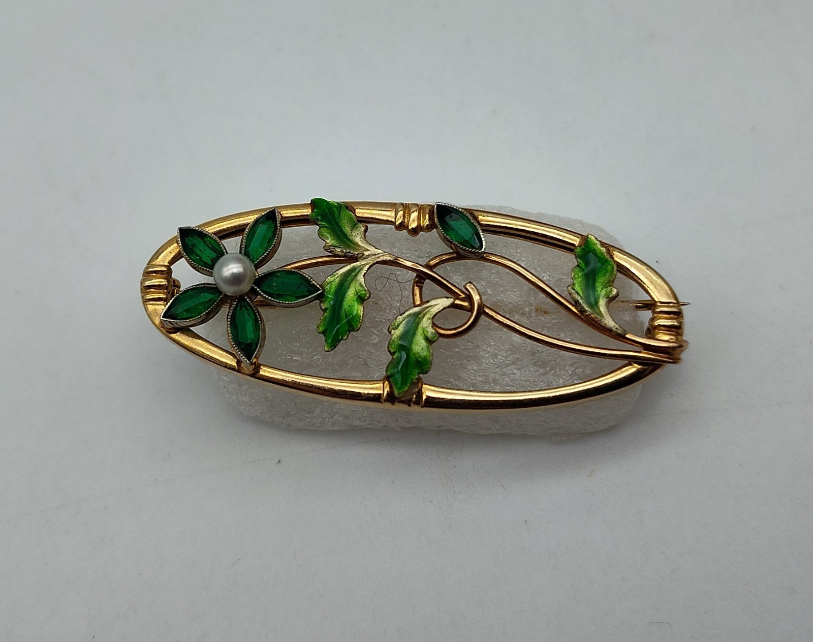 Vintage Flower Pearl Aqua Stone 10K Yellow Gold Green Enamel Brooch Pin Lapel