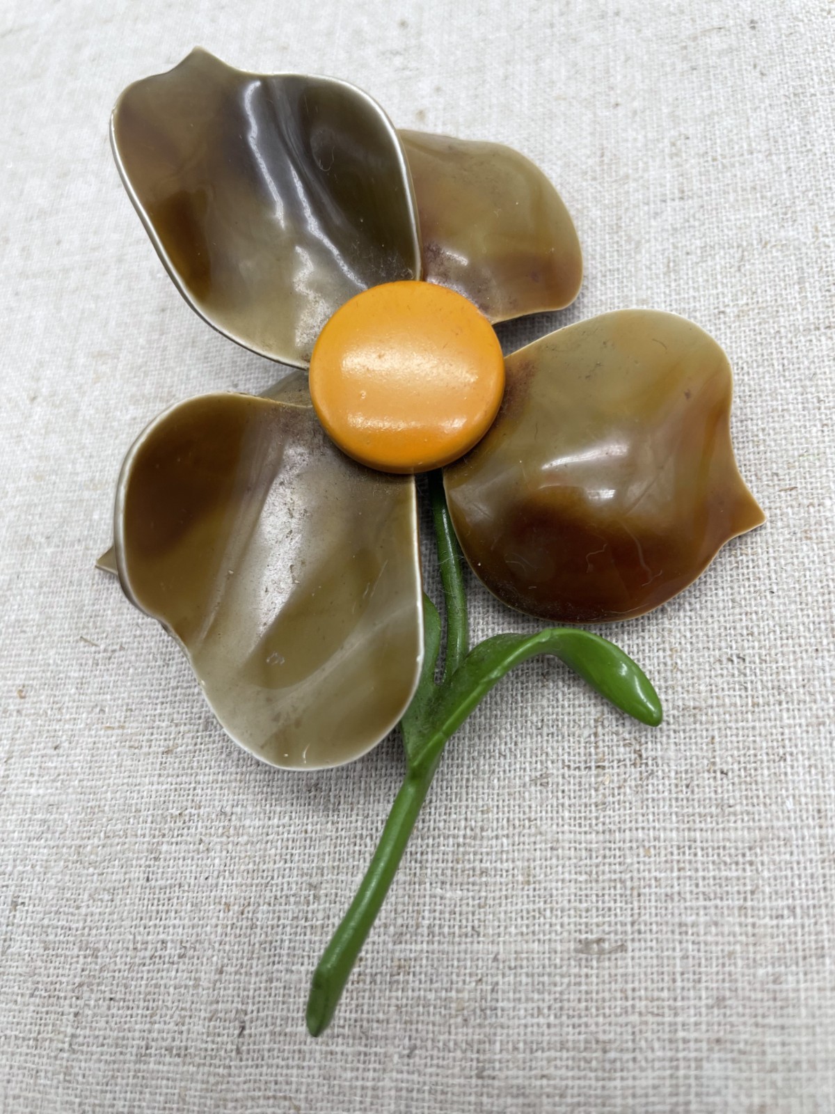 Vintage Enamel Flower Brooch Large Dimensional Fall Colors Caramel Brown