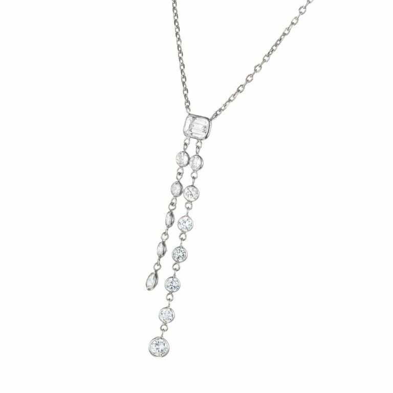 Vintage 1.65CT Diamond Round and Emerald Cut Cable Chain Dangle Necklace