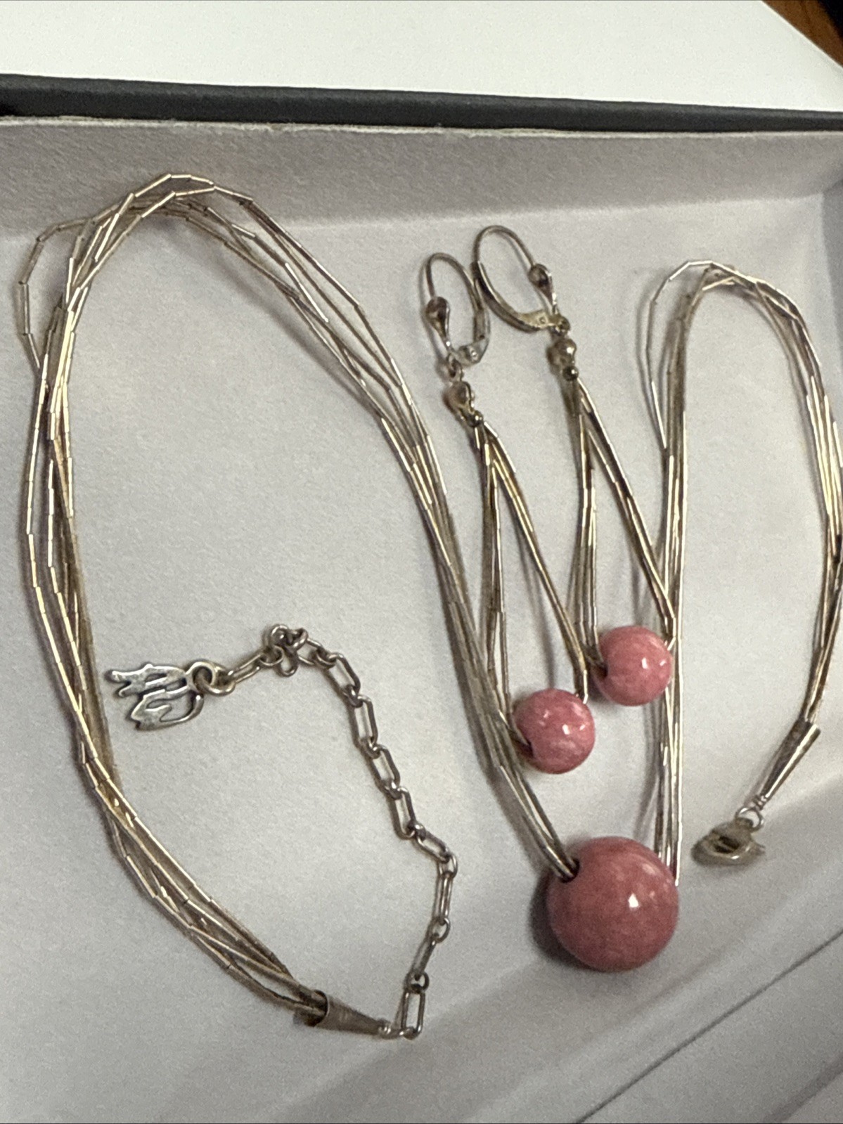 POLLACK HSN LIQUID SILVER PINK GEMSTONE BALL BEAD PENDANT NECKLACE EARRINGS SET