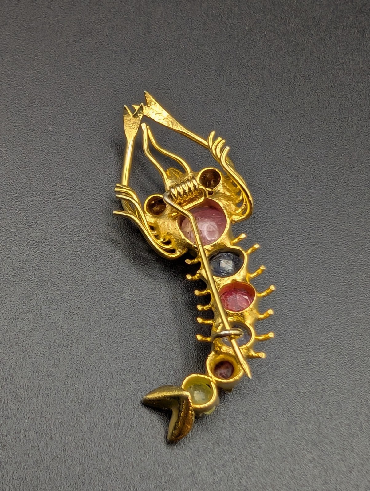10K Gold & Gemstone Shrimp Brooch. Garnet, Ruby, Sapphire, Peridot(raw&Polished)