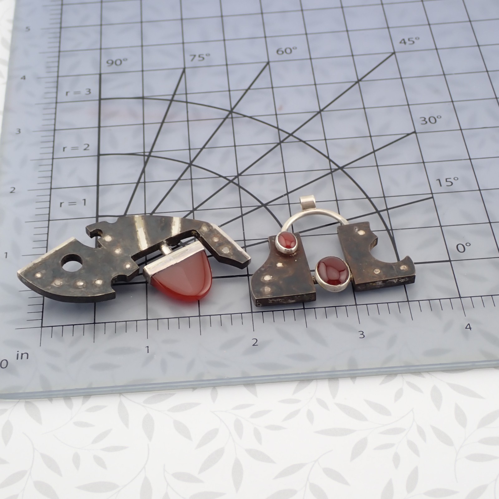 Modern Brutalist Red Carnelian Sterling Silver Mixed Metal Pin Pendant Set by MR