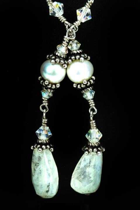 Sterling Silver Moonstone Pearl & Crystal Necklace 22 inches -Elegant!