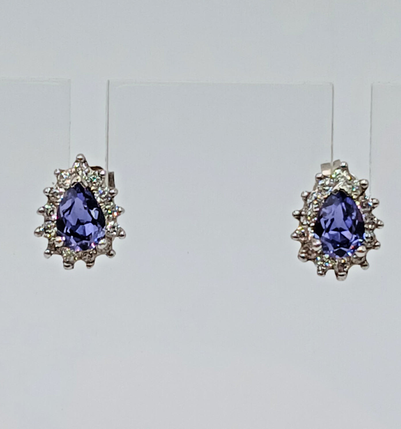 VTG 925 Purple Blue Pear Cut Crystal Stud Earrings Sterling Silver 1g Halo CZ S
