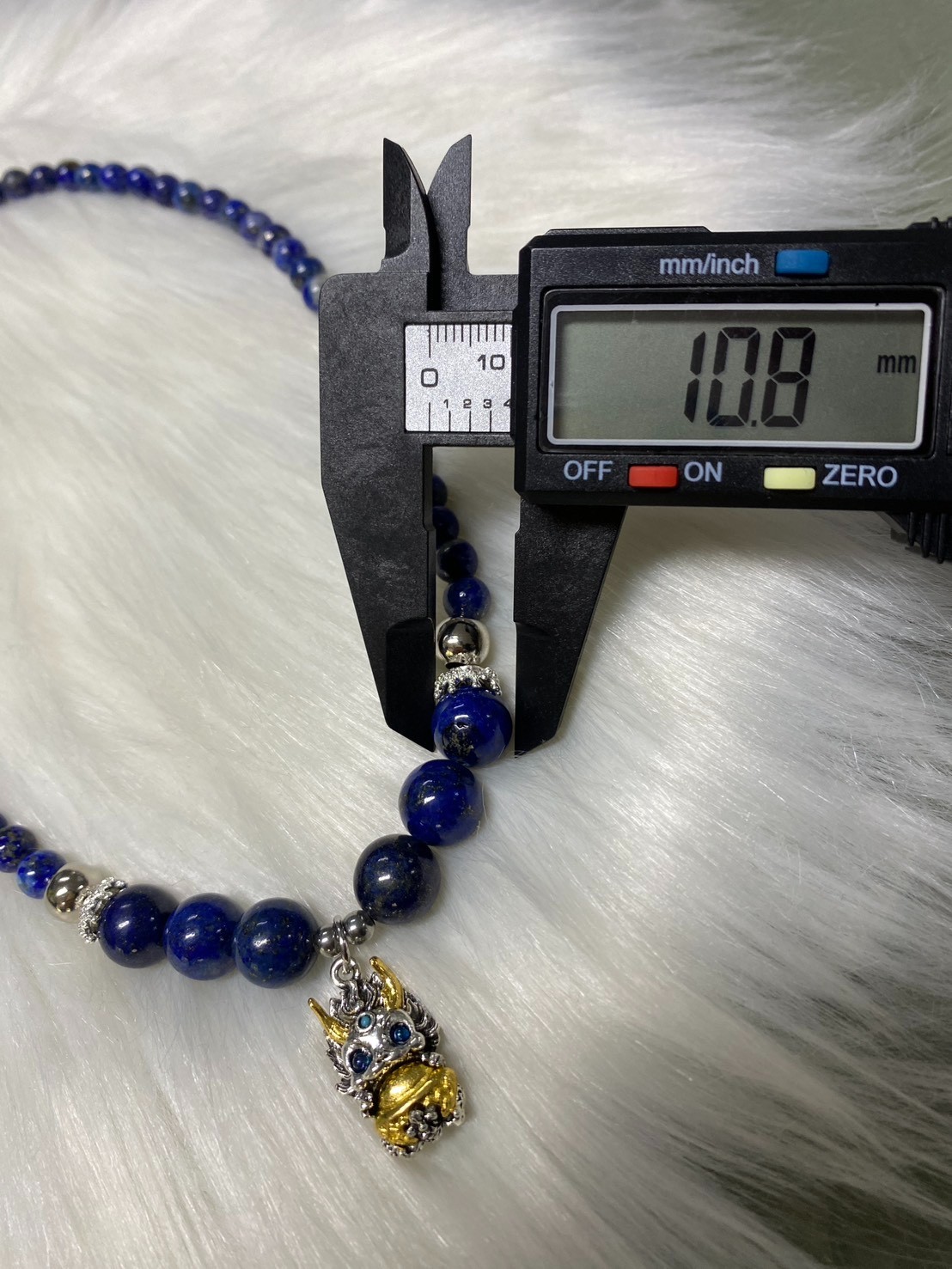 Natural Lapis Lazuli Beaded Necklace with Chinese Dragon Pendant Protection Amul