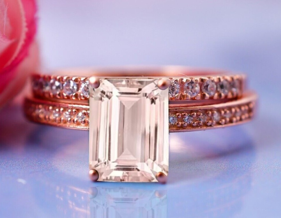 Emerald Cut Morganite Ring Set Engagement Rings Moissanite Cluster Wedding Rings