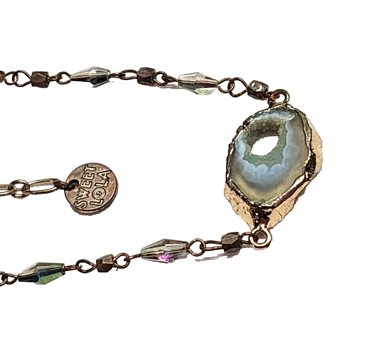 Vintage Sweet Lola Brass Blue Green Beaded Geode Pendant Necklace 17″ Choker