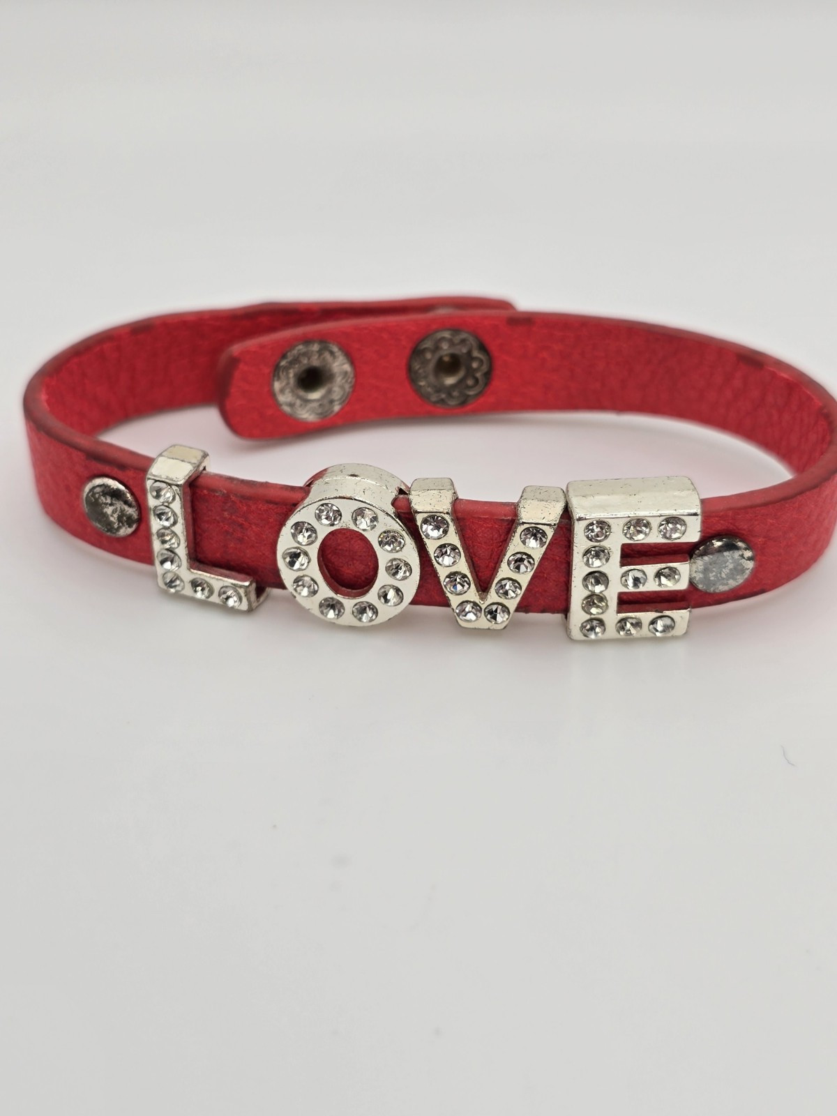 Vtg YIK FUNG Signed Red Leather & Rhinestone Slide Charm Bracelet FREE $HIPPING!